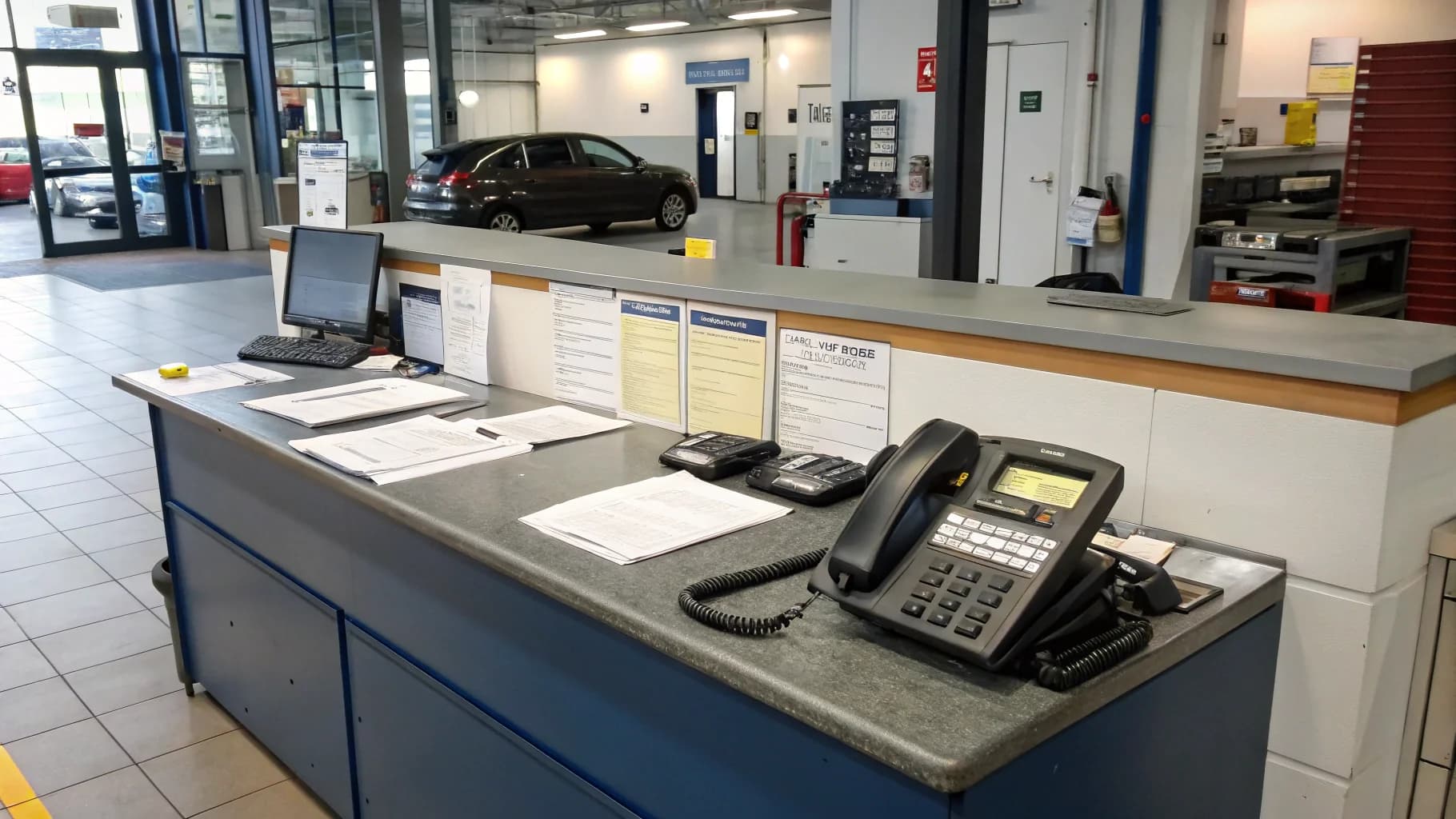 Collect Mechanic Birmingham garage reception desk with phone system and service counter, no humans appears in the image