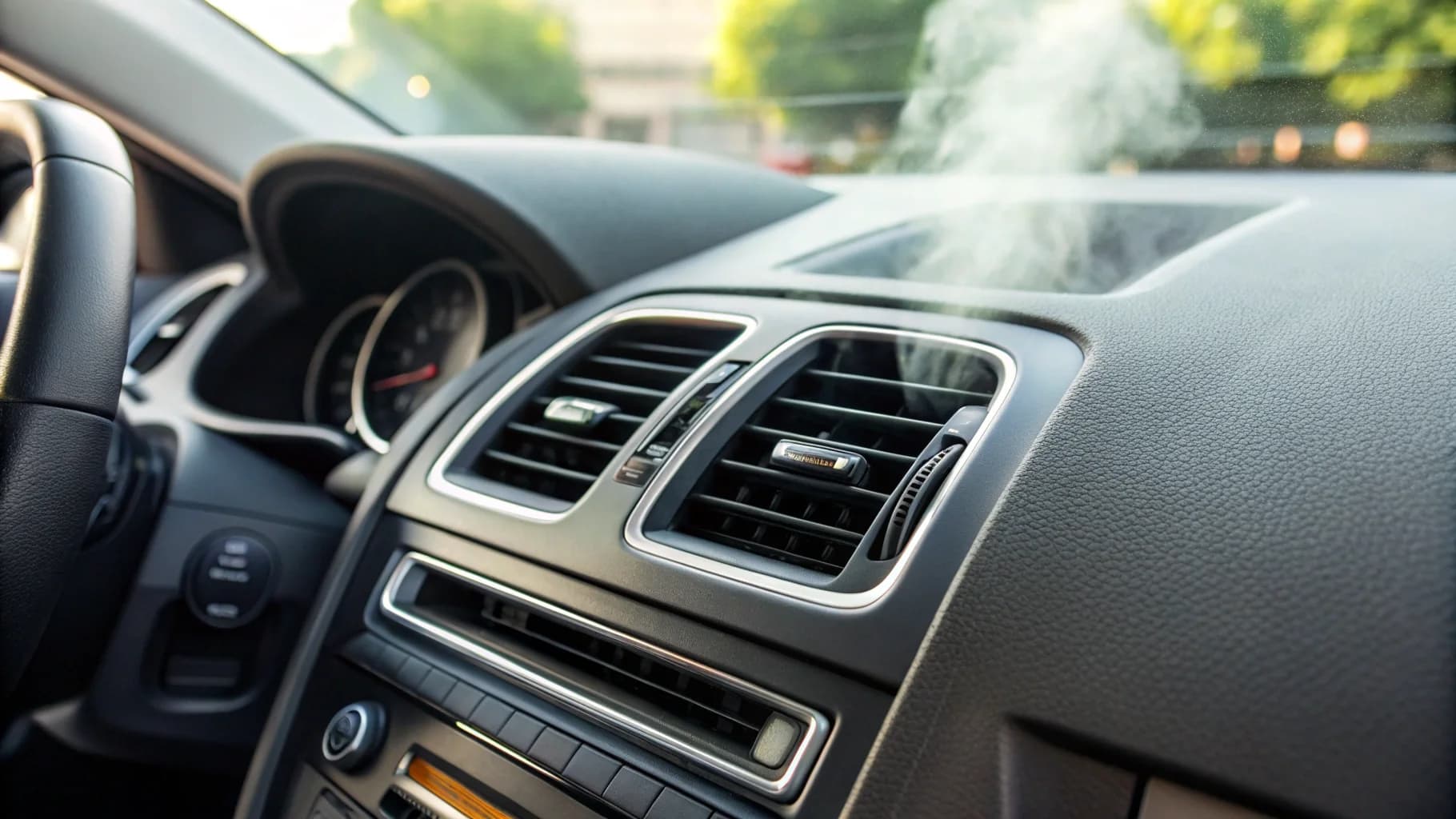 Car air conditioning vents with cool airflow in vehicle dashboard interior no humans appears in the image