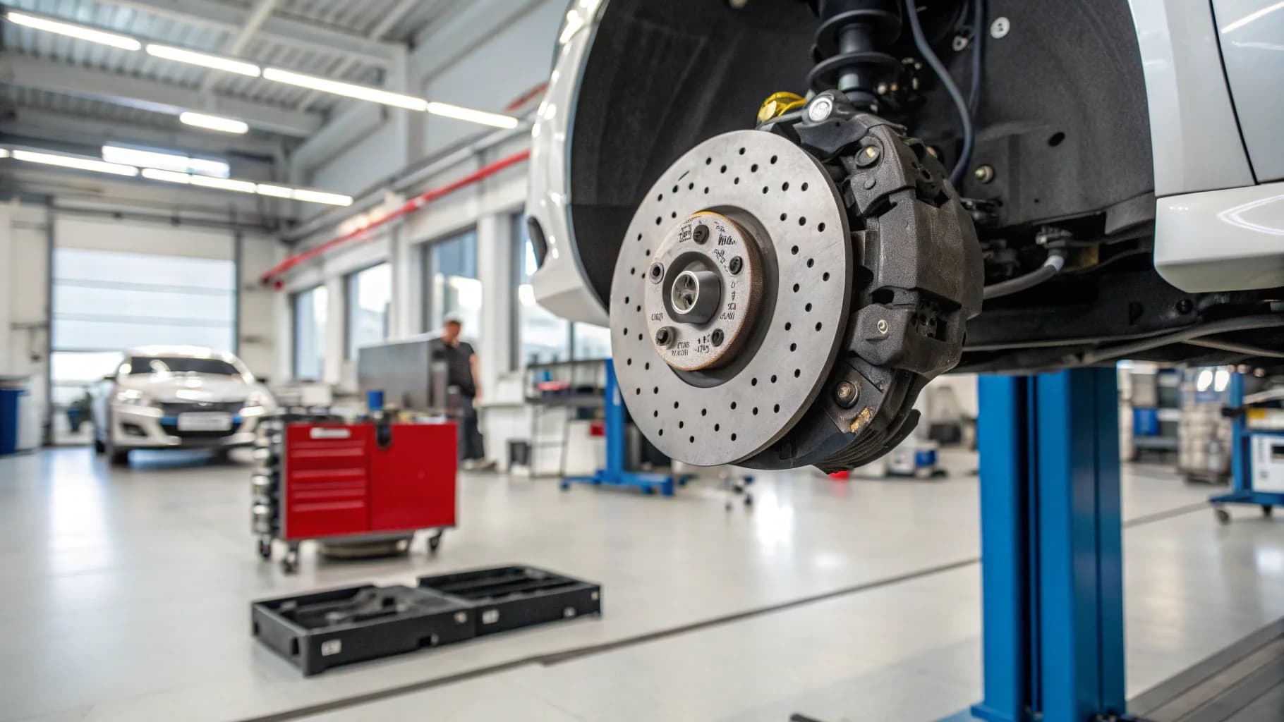 Professional brake disc and calliper system in Birmingham automotive workshop, no humans appears in the image
