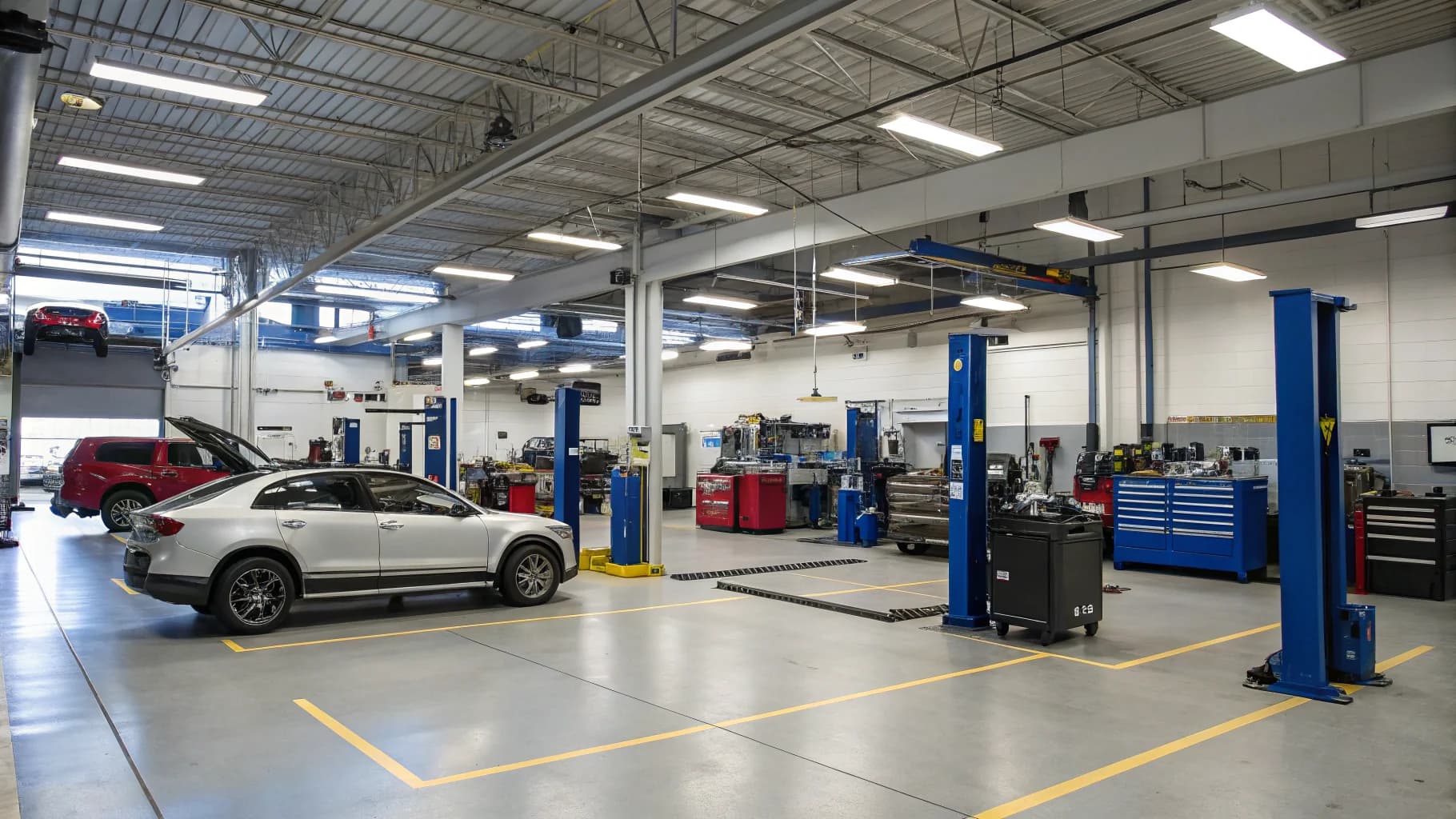 Professional automotive service bay with diagnostic tools and equipment, no humans appears in the image