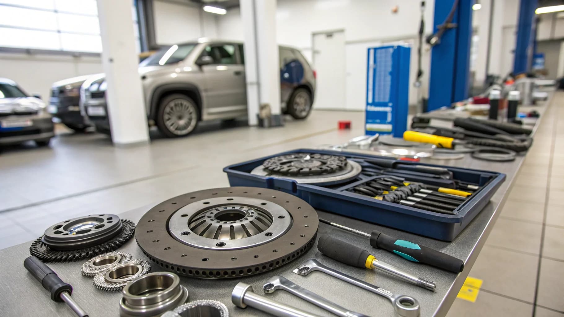 Professional clutch replacement components and automotive repair tools in Birmingham workshop, no humans appears in the image