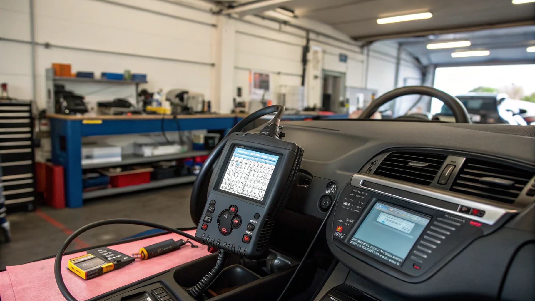 Advanced vehicle diagnostic scanner equipment connected to car dashboard in Birmingham garage, no humans appears in the image