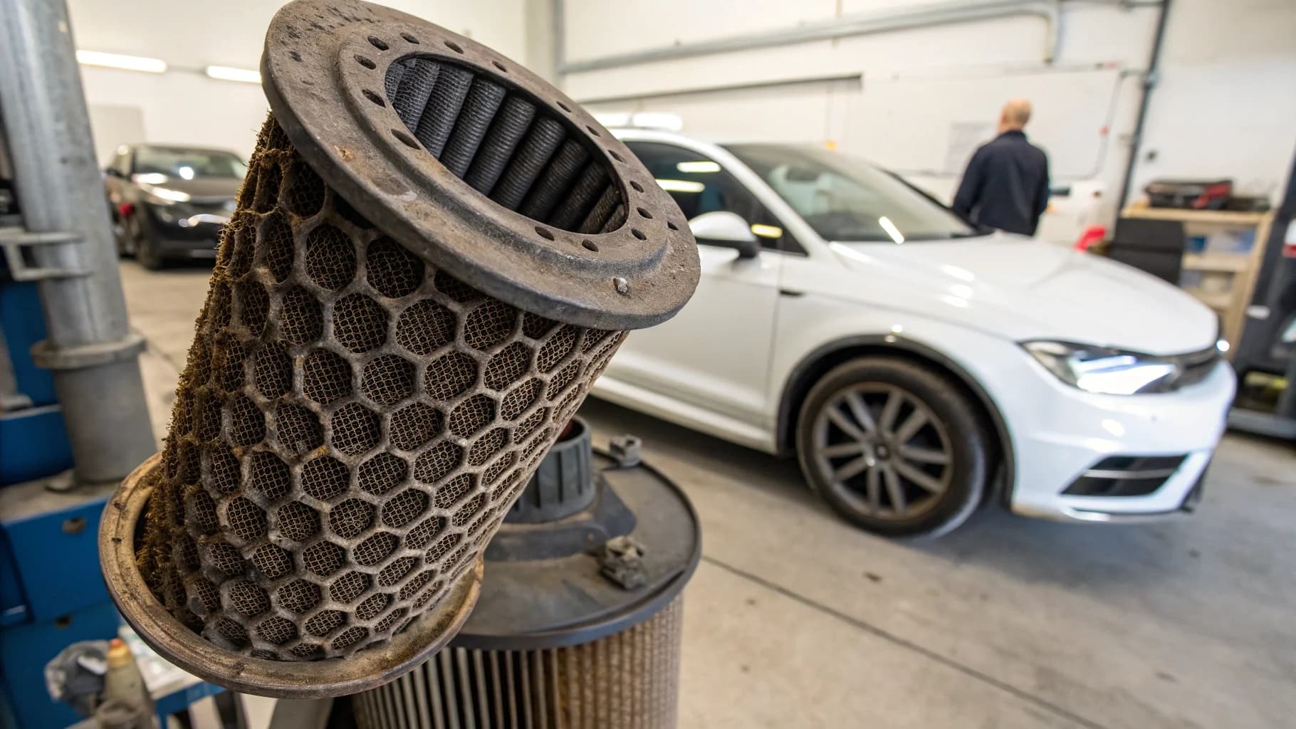 Diesel particulate filter ceramic honeycomb structure with carbon deposits in Birmingham garage no humans appears in the image
