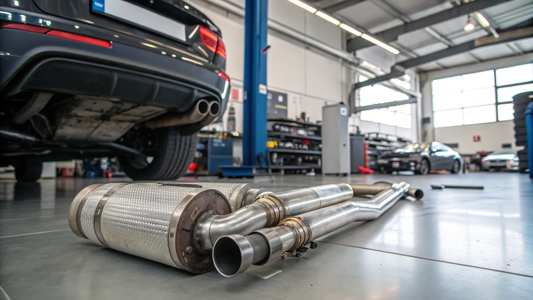 Professional exhaust system components and metallic pipes in Birmingham garage, no humans appears in the image