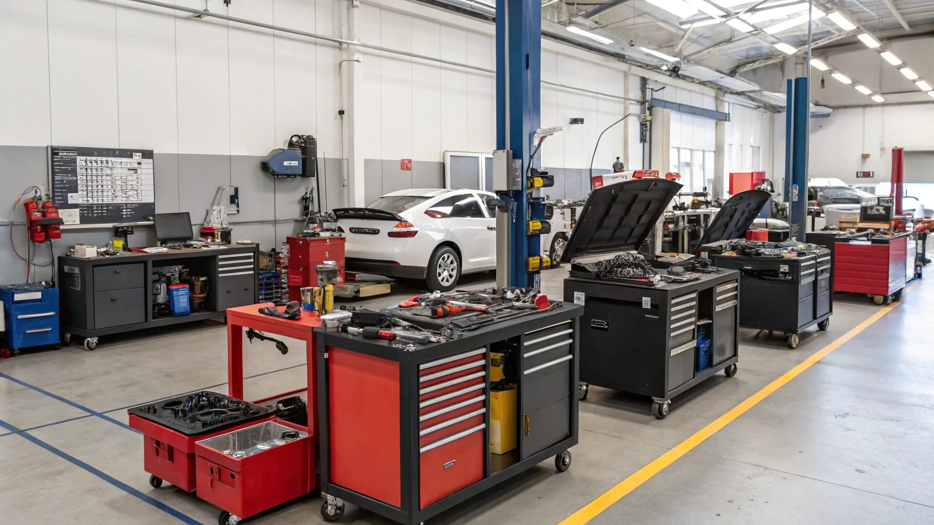 Professional automotive service workshop with diagnostic equipment and tools, no humans appears in the image