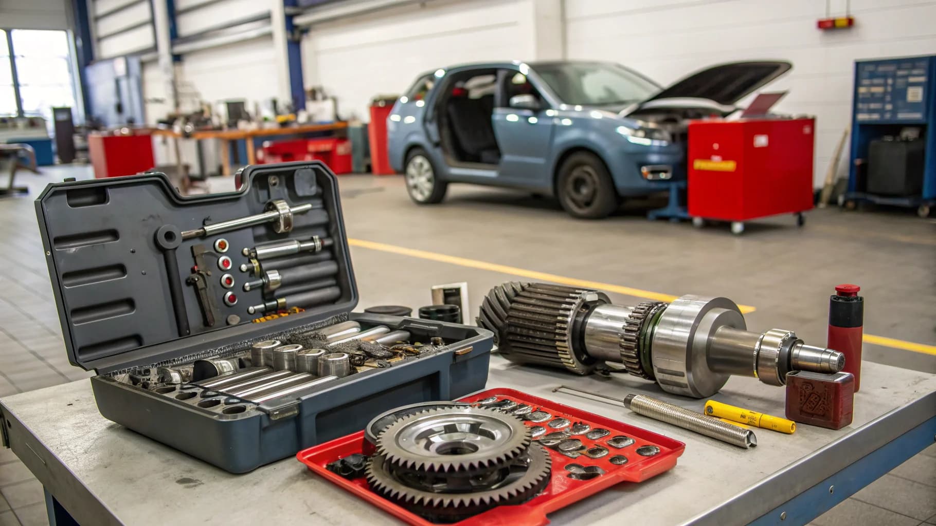 Professional gearbox repair workshop with transmission components and diagnostic tools in Birmingham, no humans appears in the image