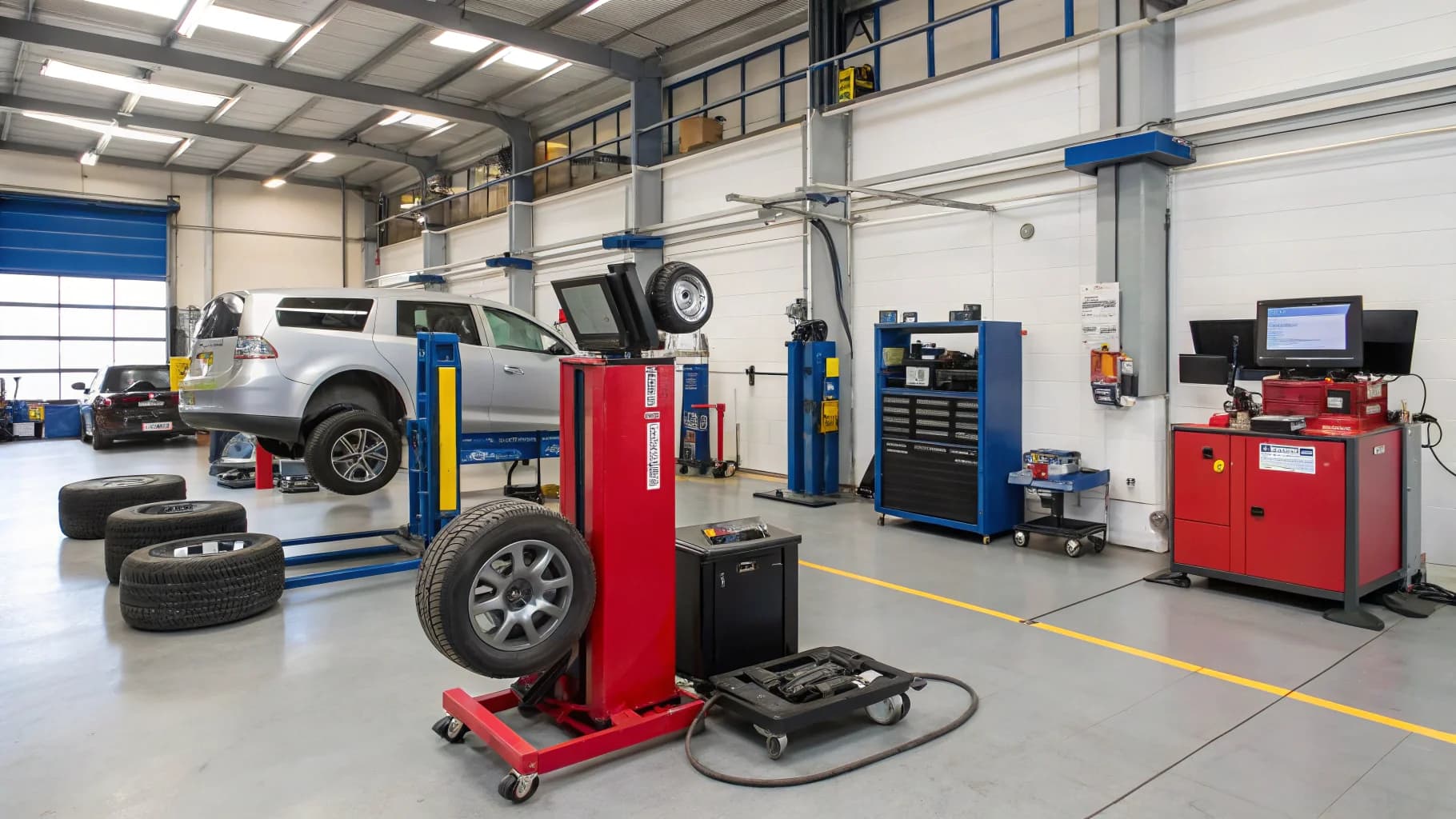 Comprehensive pre-MOT vehicle inspection equipment and diagnostic tools in Birmingham garage, no humans appears in the image